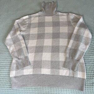 LL Bean Cotton Cashmere Turtleneck Sweater Womens XL Reg White Gray Jacquard Top